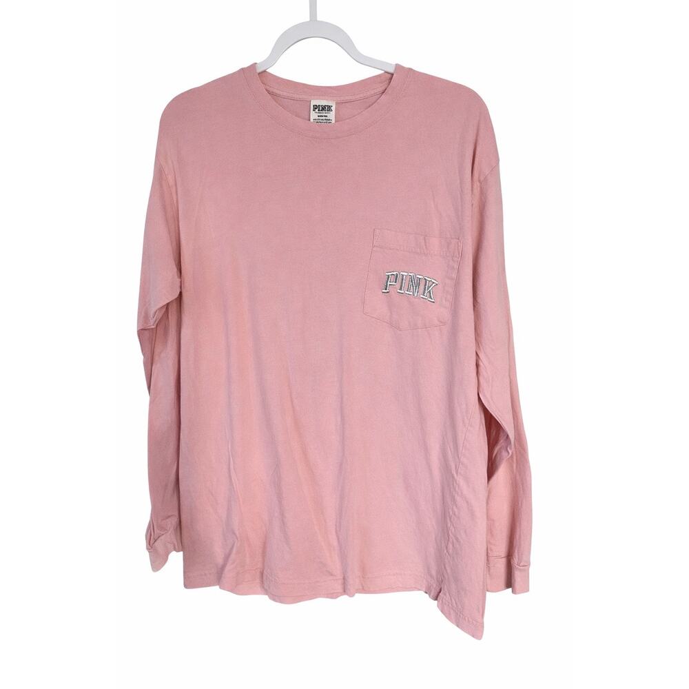 Victoria’s Secret PINK Long Sleeve‎ Pocket Tee Medium Pink Sequin Bling Y2K Read